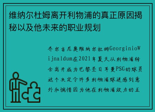 维纳尔杜姆离开利物浦的真正原因揭秘以及他未来的职业规划